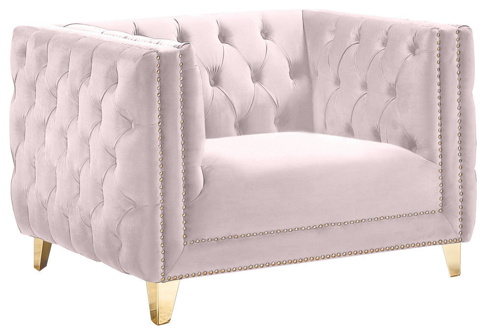 Michelle Fabric Upholstered Chair, Gold Iron Legs, Pink, Velvet, Chair