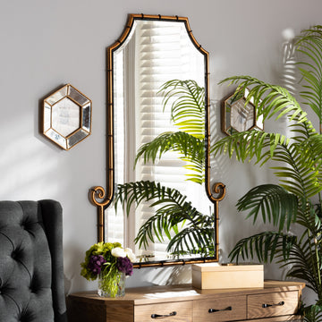 Layan Hollywood Style Gold Finished Metal Bamboo Inspired Accent Wall Mirror