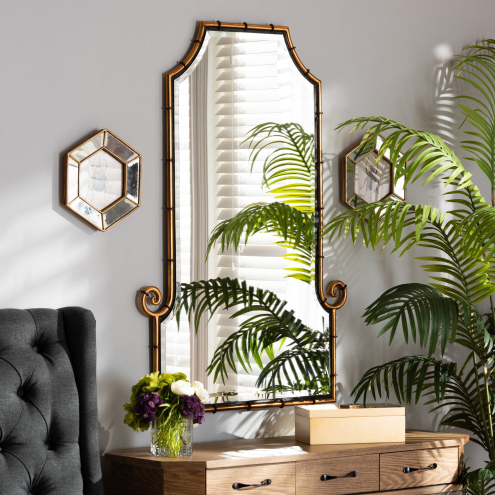 Layan Hollywood Style Gold Finished Metal Bamboo Inspired Accent Wall Mirror