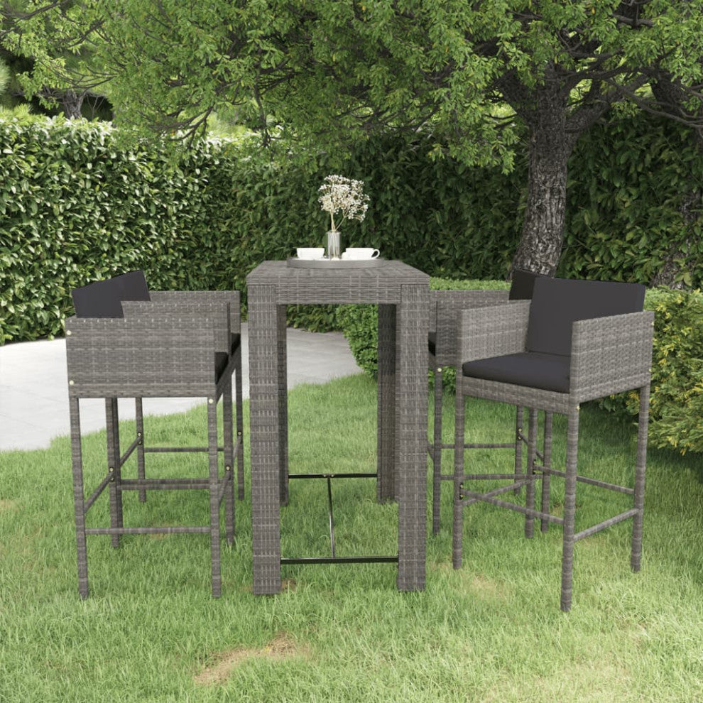 vidaXL Patio Bar Set 5 Piece with Cushions Poly Rattan Gray Garden Chair Seat
