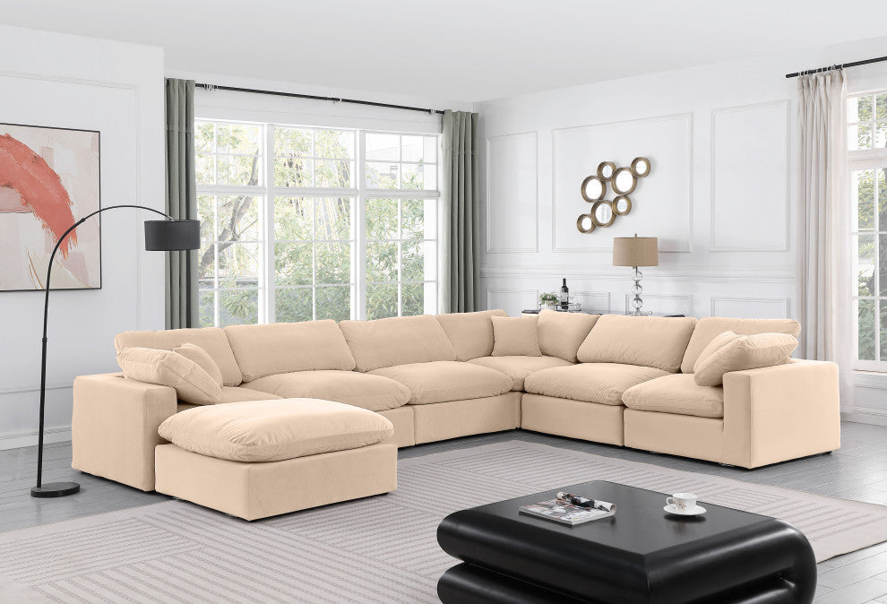 Comfy Upholstered U-Shaped Modular Sectional, Beige, 7-Piece: 3 Armless Chair, 3 Corner Chair, 1 Ottoman, Velvet