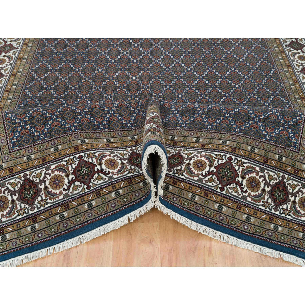 Mavericks Blue Herrita Design 100% Wool 175 KPSI Hand Knotted Rug, 8'x10'4"