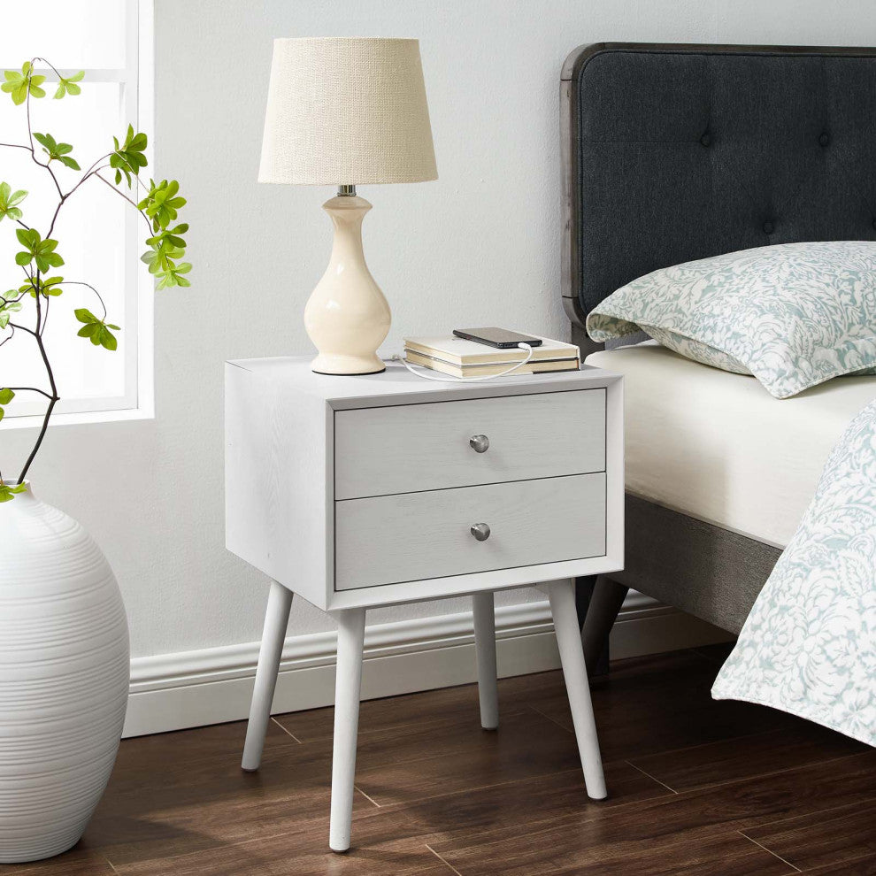 Nightstand Side End Table, Wood, White, Modern Mid-Century, Bedroom Living Room