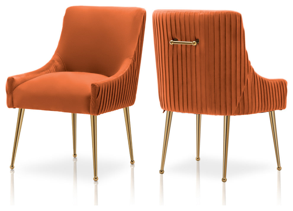 Glam Pleated Velvet Dining Chair Set of 2, Tufted Side Accent Kitchen Chair, Orange