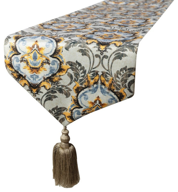 Table Runner Yellow Satin 16"x108", Damask with Tassels, Flaring Damask