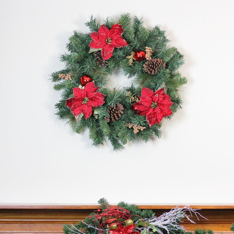 24" Pine Poinsettia Berry and Pine Cone Artificial Christmas Wreath, Unlit