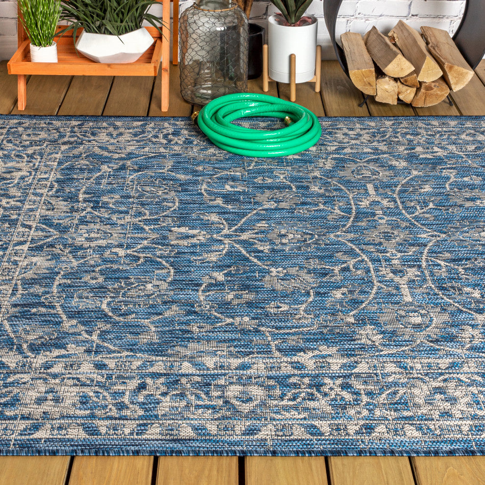 Palazzo Vine and Border Textured Weave Indoor and Outdoor Area Rug, Navy and Gra