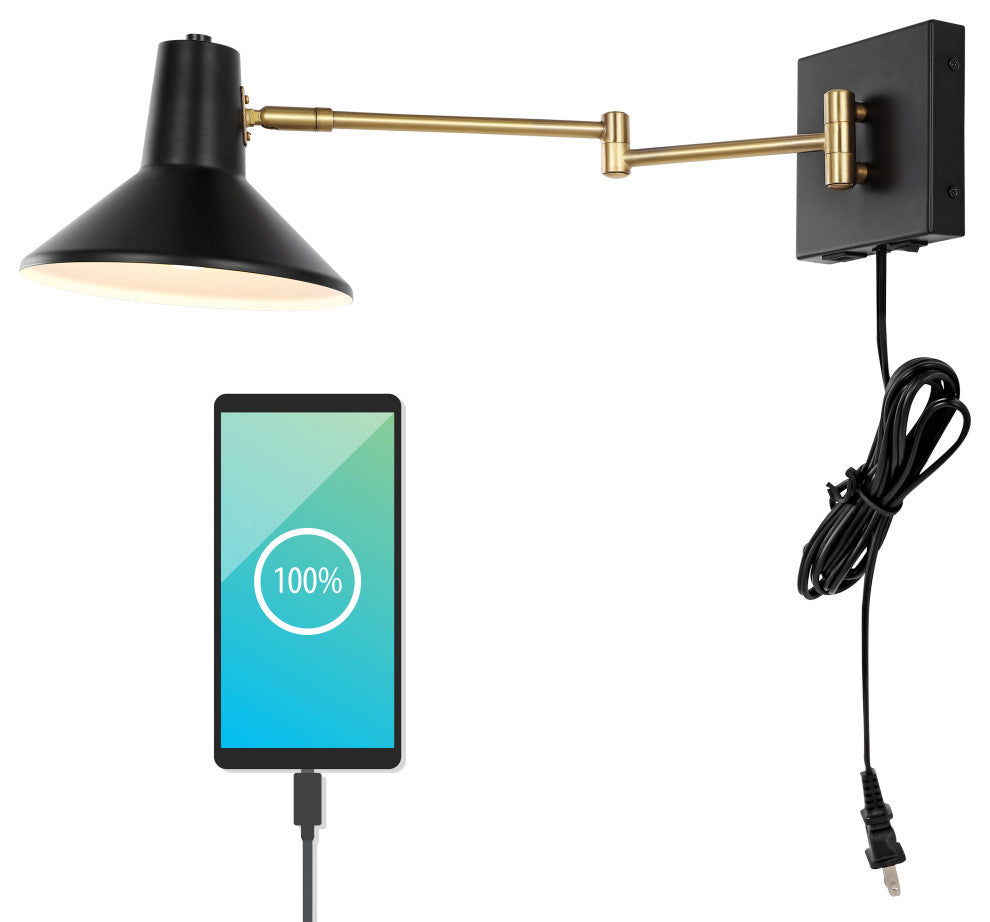 Hygge Swing Arm 1-Light Modern Midcentury Iron USB Charging Port LED Sconce, Bla