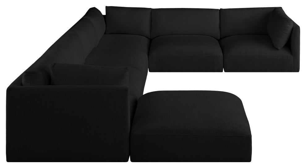 Ease Polyester Upholstered U-Shaped Modular Sectional, Black, 6 Piece: 3 Corner, 3 Armless, 1 Ottoman