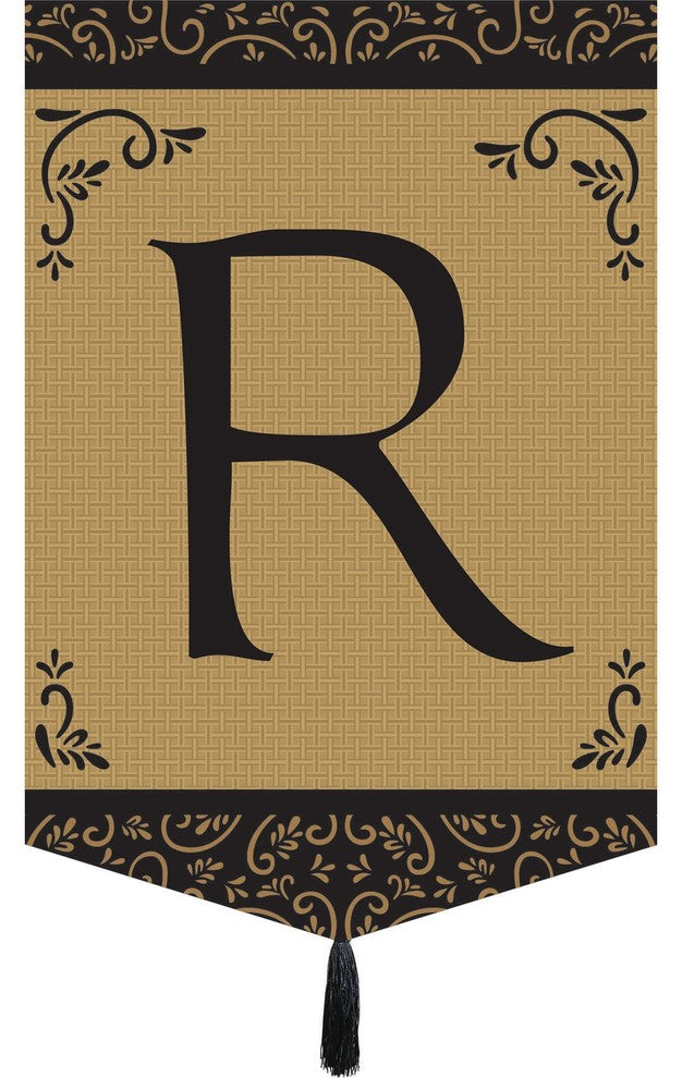 Double Applique Monogram "R" Tassel Burlap Garden Flag