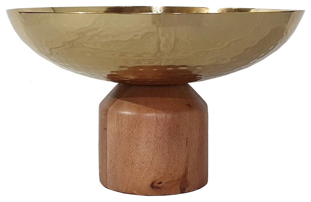 Benzara BM284950 Roe 12" Large Acacia Wood Table Bowl, Steel, Gold & Brown