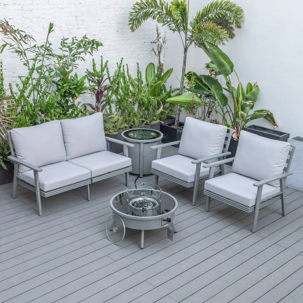 LeisureMod Walbrooke Grey Patio Sofa Set With Round Fire Pit Table, Light Grey