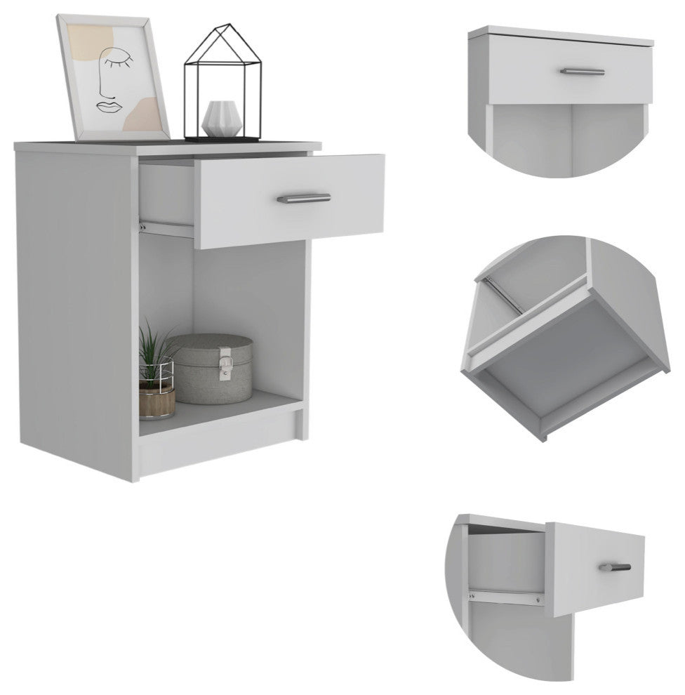 FM FURNITURE Pictor Bedroom Nightstand, with One Drawer, Lower Shelf - White