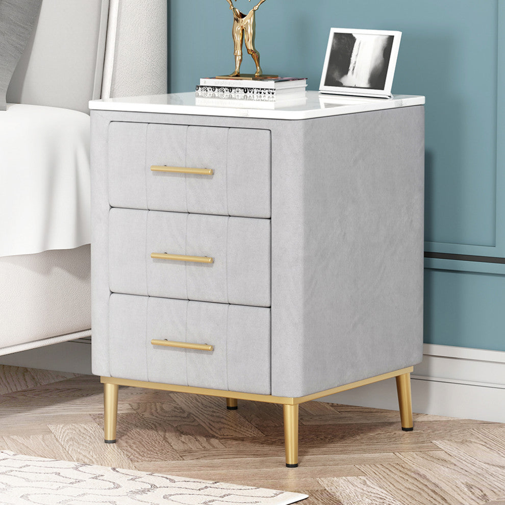 Modern Nightstand Gray Velvet Upholstered Bedside Table 3 Drawers With Stone Top