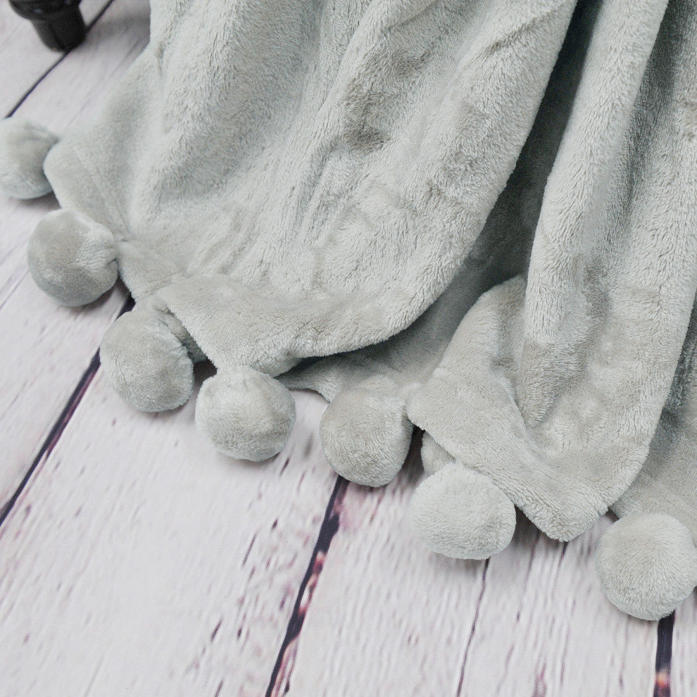 Pom Pom Flannel Fleece Throw Blanket, Silver Grey, 50" X 60"