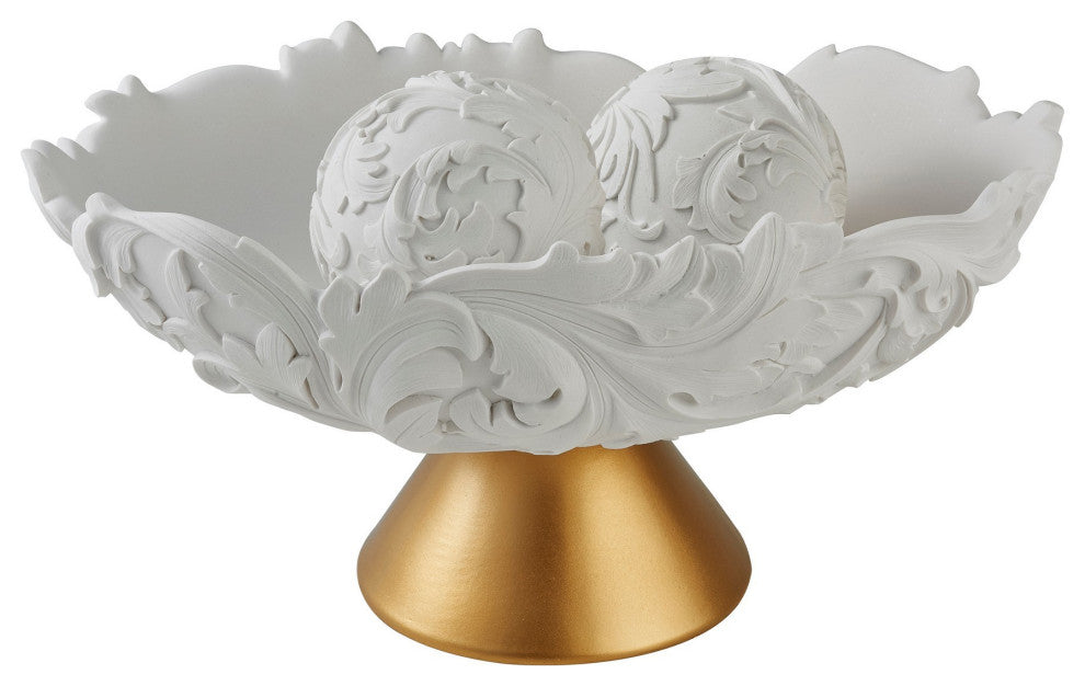 Benzara BM240863 Bowl With Baroque Scroll Design With 2 Spheres, White