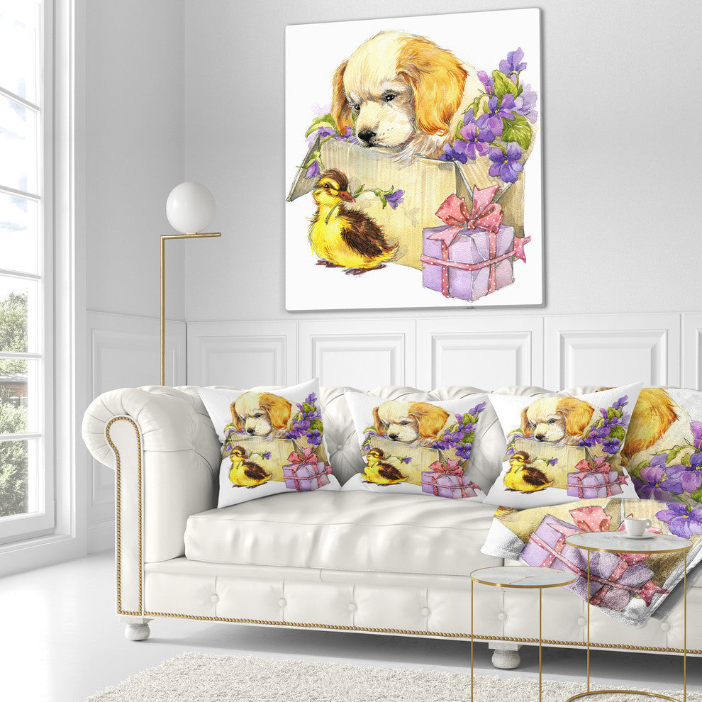 Cute Puppy Dog and Duck Contemporary Animal Throw Pillow, 18"x18"