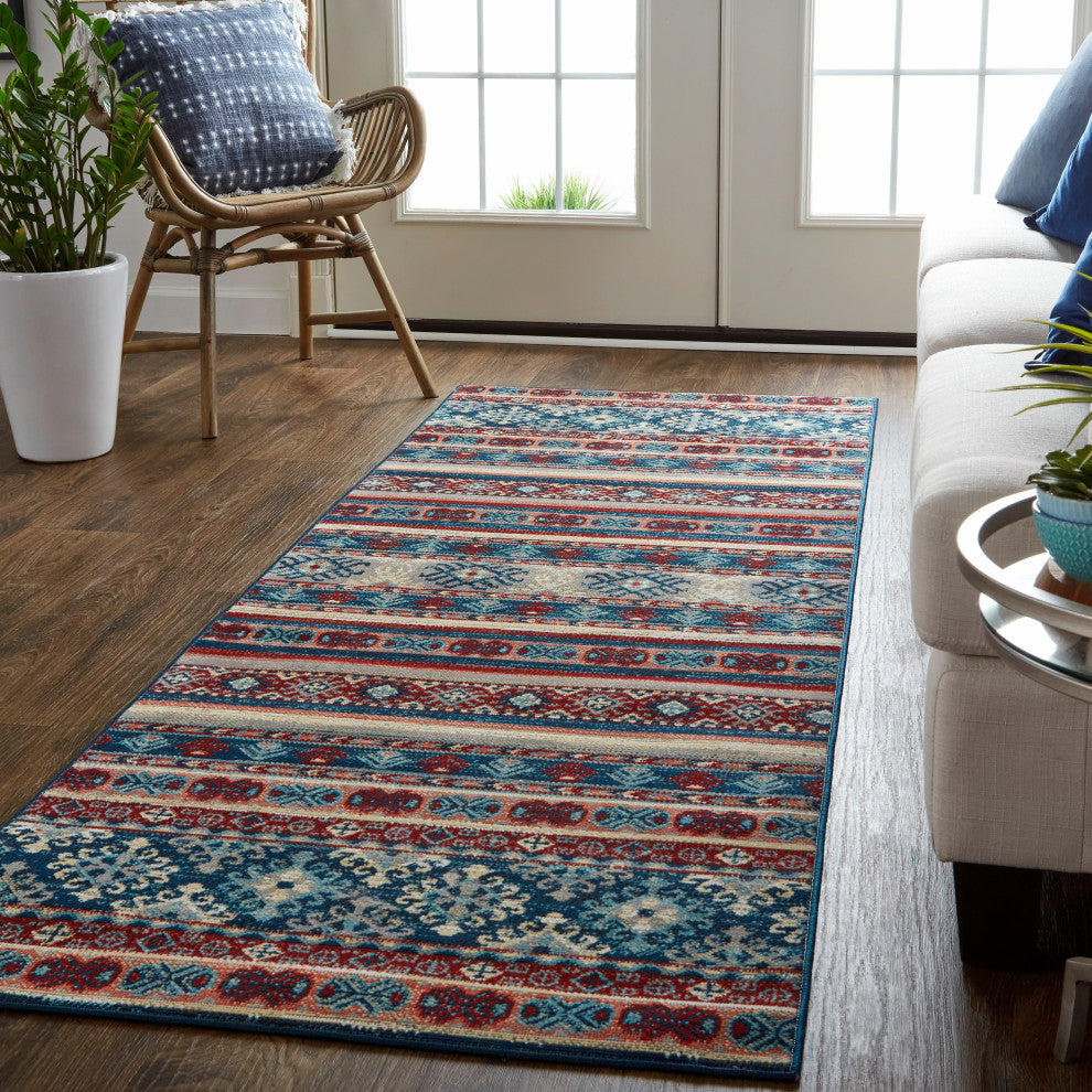 Weave & Wander Kezia Rug, Blue/Ochre Red, 2ft-10in x 7ft-10in