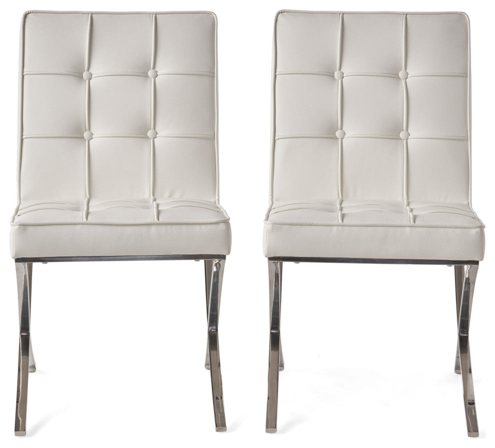 GDF Studio Pandora Modern Button Tufted Bonded Leather Dining Chairs, Set of 2, White