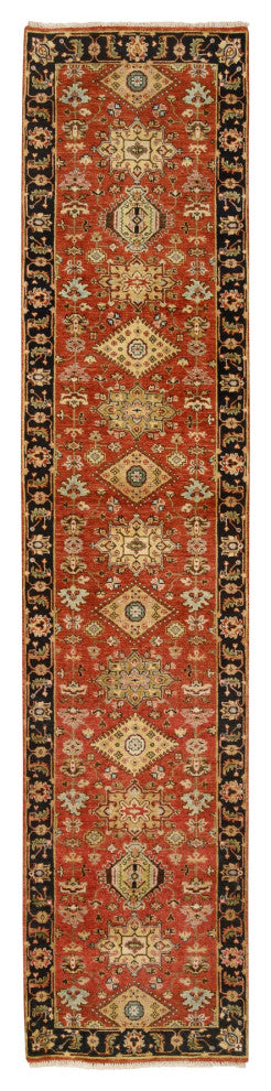 Red and Black, Hand Knotted Karajeh Design, Pure Wool Runner Rug, 2'9"x12'0"
