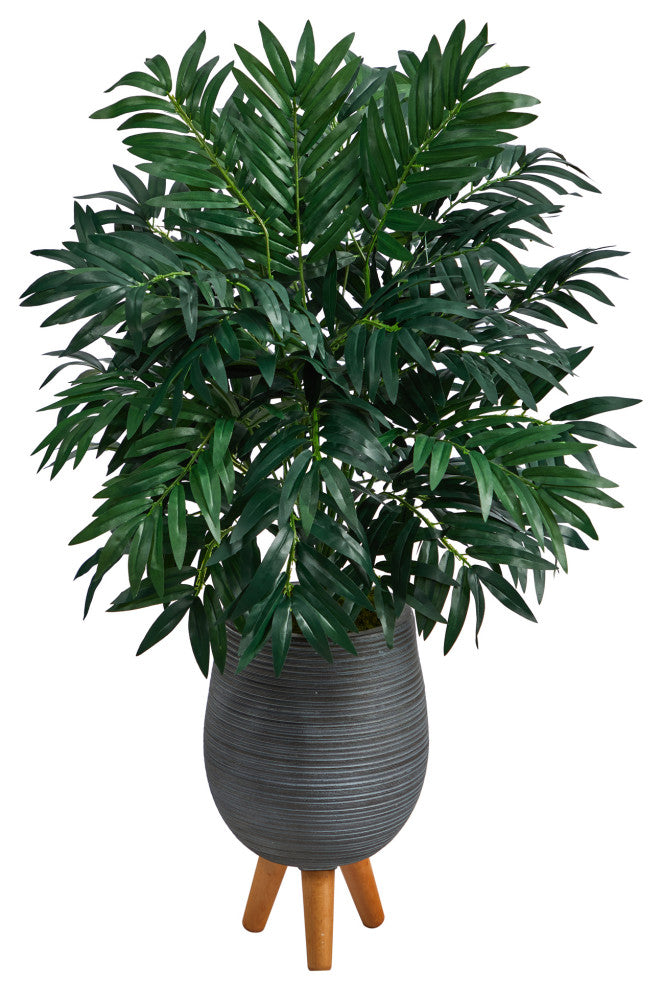 3' Bamboo Palm Artificial Plant, Gray Planter With Stand