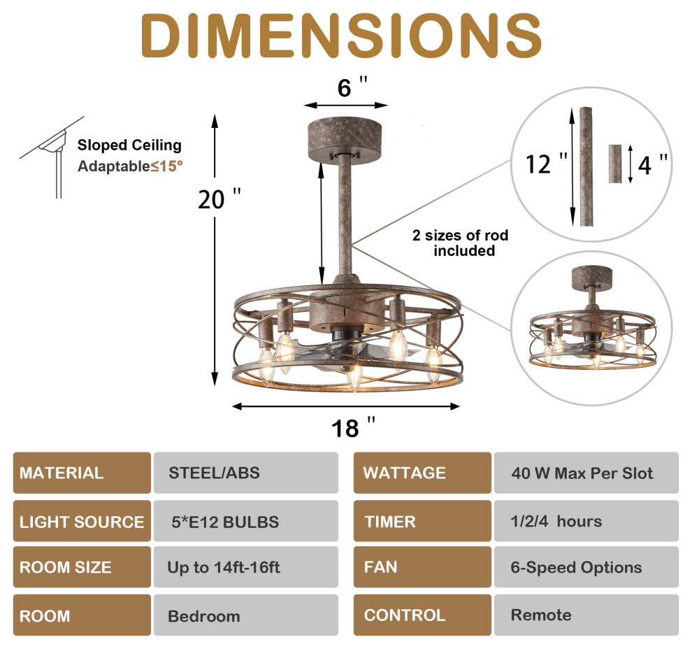 18" Black Industrial Reversible Ceiling Fan with Metal Cage Shade and Remote