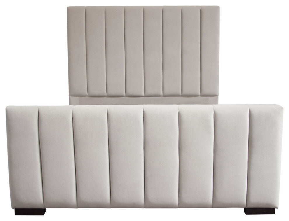 Venus Vertical Channel Tufted Queen Bed in Light Grey Velvet