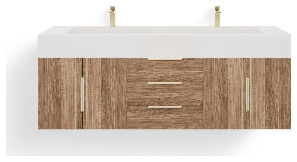 The Burke Bathroom Vanity, White Oak, 60", Double Sink, Wall Mount