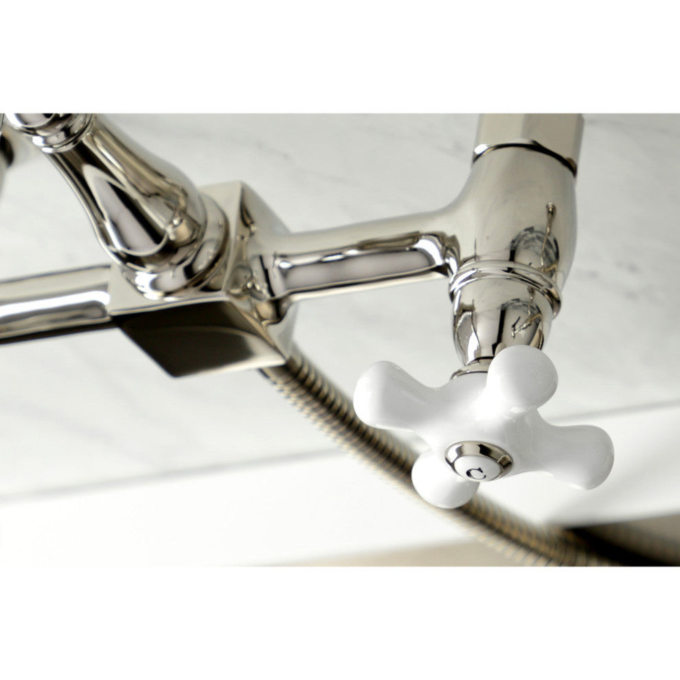 KS1246PXBS Wall Mount Bridge Kitchen Faucet With Brass Spray, Polished Nickel