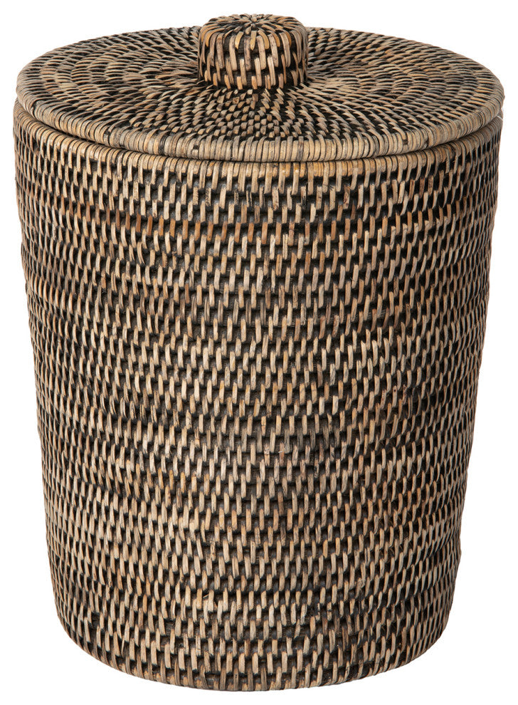 La Jolla Rattan Round Waste Basket With Plastic Insert and Lid, Black-Wash