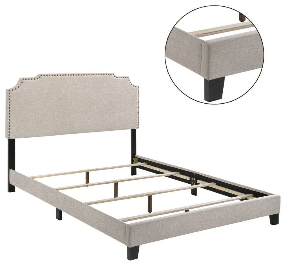 Upholstered Full Bed with Nailhead Trim, Beige