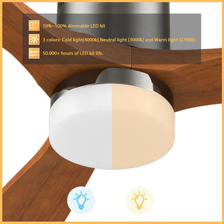 52" 3 Blades Solid Wood Ceiling Fan With Dimmable LED Light Kit and Remote