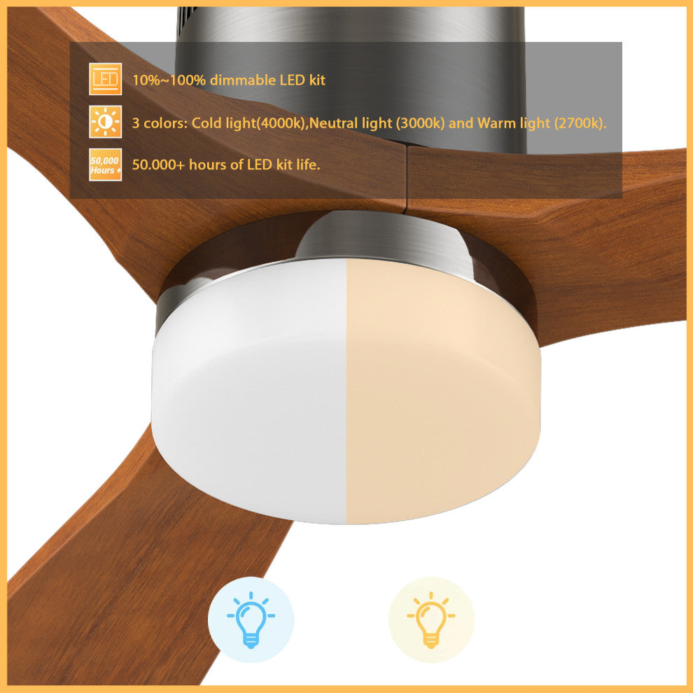 52" 3 Blades Solid Wood Ceiling Fan With Dimmable LED Light Kit and Remote
