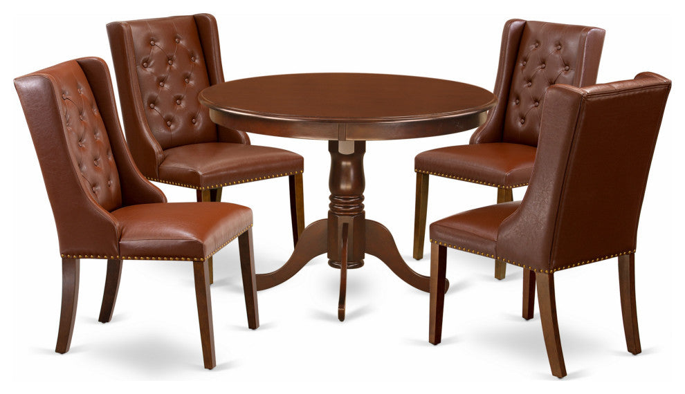 5Pc Dinette Set, 1 Round Table, 4 Brown Chairs, Mahogany Finish