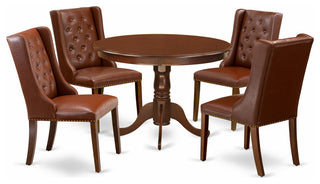 5Pc Dinette Set, 1 Round Table, 4 Brown Chairs, Mahogany Finish