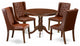 5Pc Dinette Set, 1 Round Table, 4 Brown Chairs, Mahogany Finish