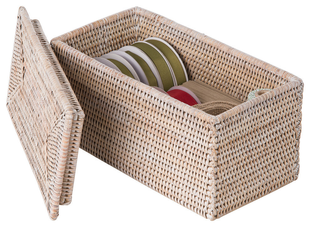 La Jolla Rectangular Rattan Storage and Toilet Roll Box, White Wash