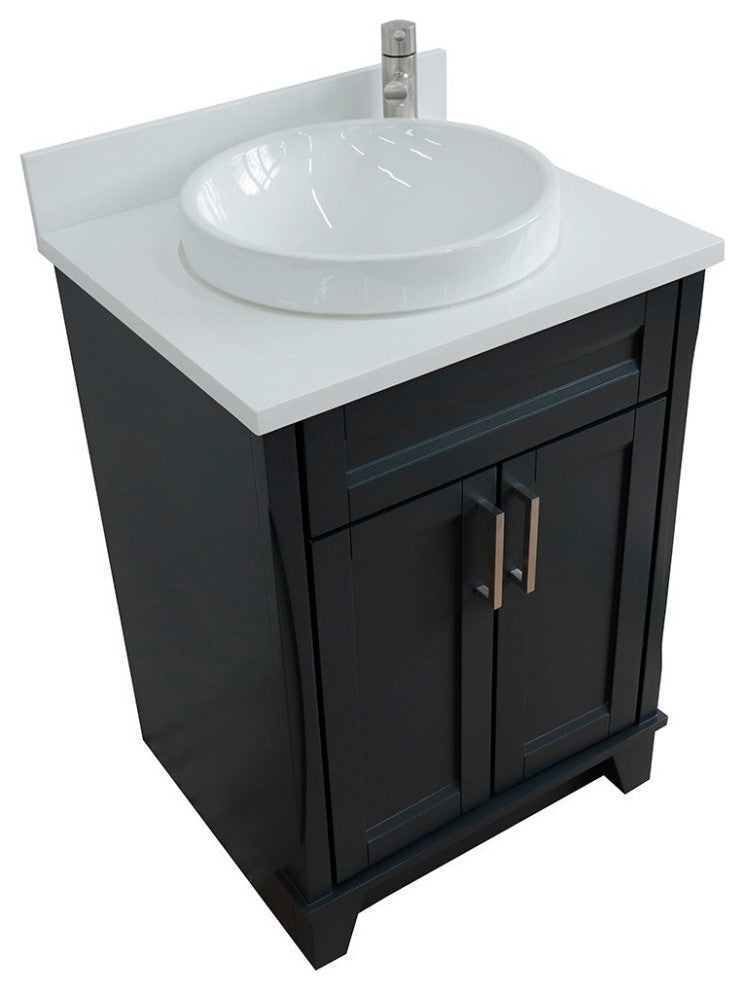 25" Single Sink Vanity, Dark Gray Finish With Engineered Stone Top, Round Sink