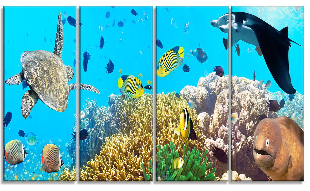 "Underwater Panorama With Sea Creatures" Photograph Print, 4 Panels