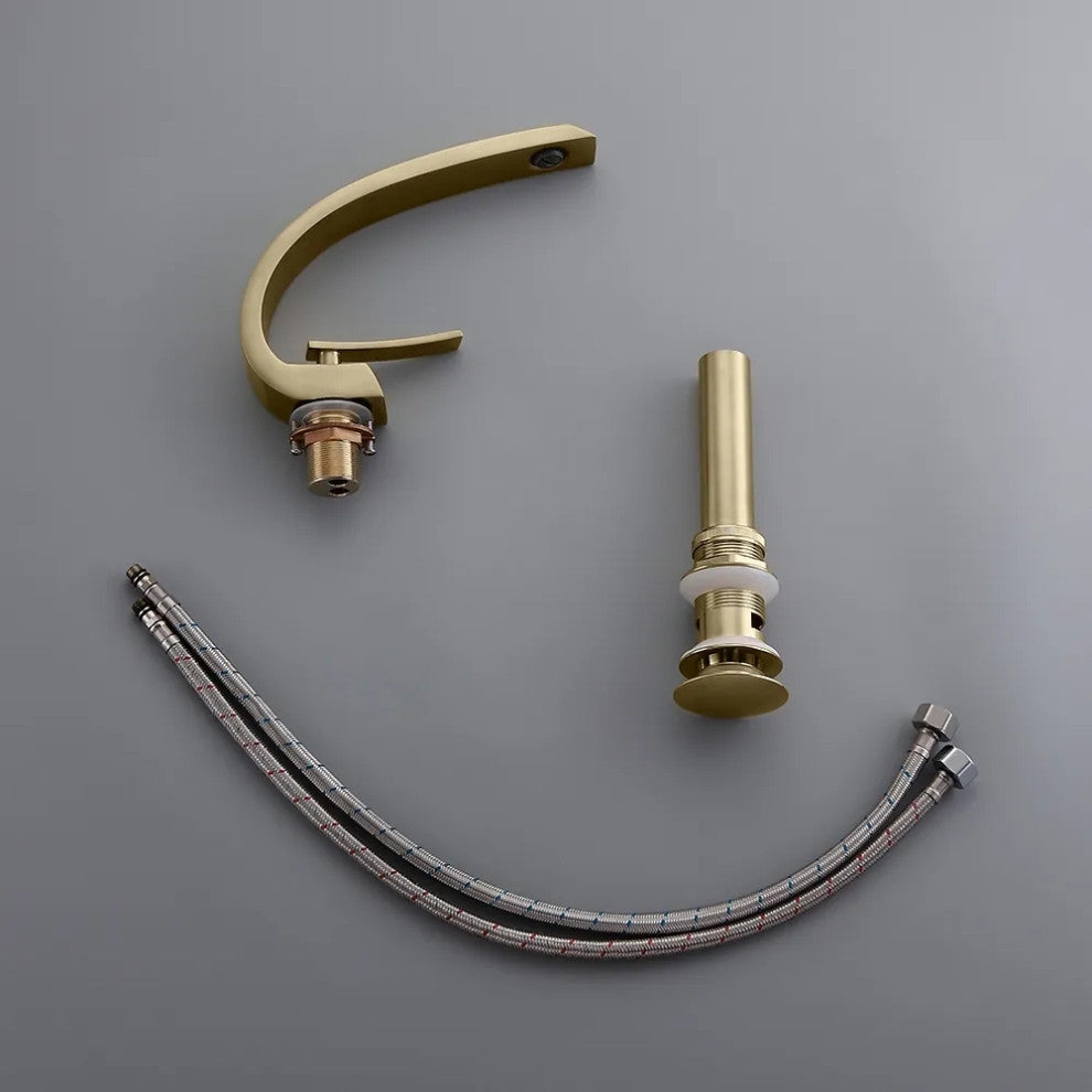 Single Hole 1-Handle Bathroom Sink Faucet Curved Spout with Pop Up Drain, Brushed Gold