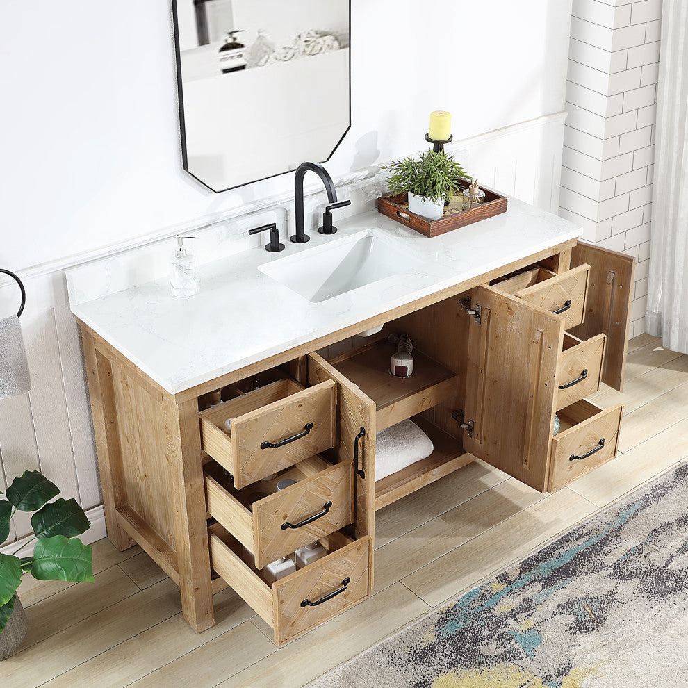Javier Bath Vanity, Composite Stone Top, Antique Brown, 60", Single Vanity, No Mirror
