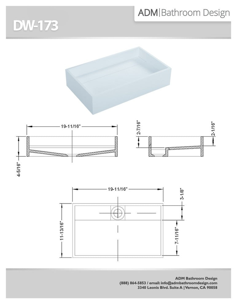 ADM Rectangular Countertop Sink, White, 20", Matte White