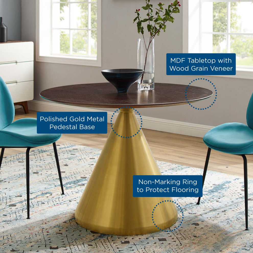 Dining Table, Round, Wood, Metal, Gold Dark Brown Brown Walnut, Modern, Bistro