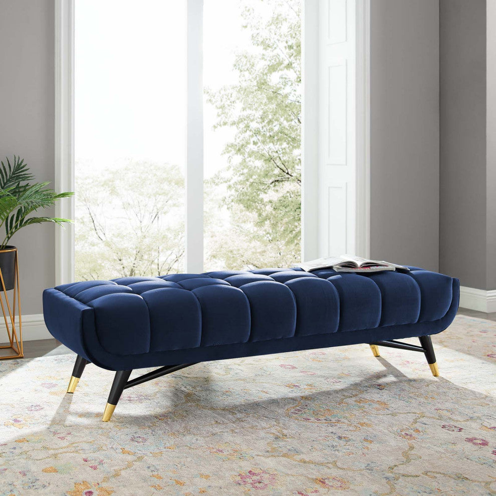 Accent Chair Bench, Velvet, Dark Blue, Modern, Living Lounge Hotel Hospitality