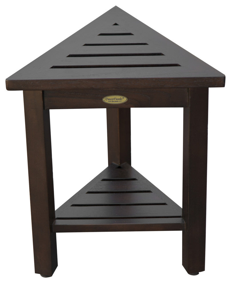HomeRoots 18" Teak Corner Shower Stool or Bench With Shelf, Brown Finish