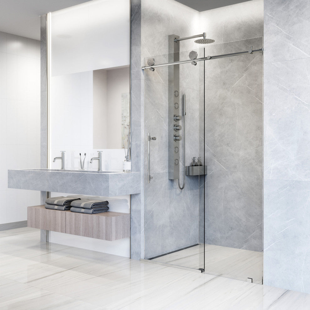 VIGO Elan Hart 56" to 60" W x 76" H Frameless Sliding Shower Door, Chrome, Clear Glass