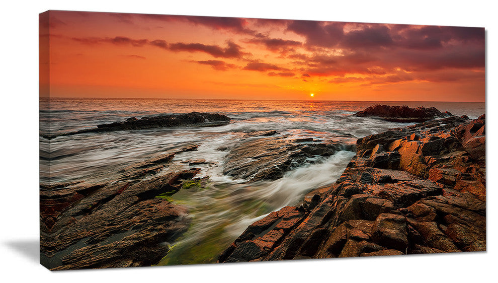 "Stormy Waves Rushing Into Rocks" Beach Canvas Wall Art, 32"x16"