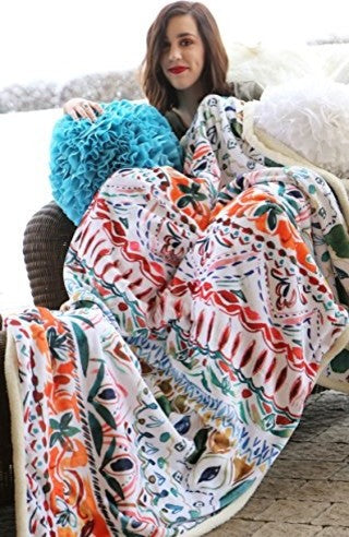 Large Extra Plush Sherpa Throw Blanket 68X54, Boho Stripe
