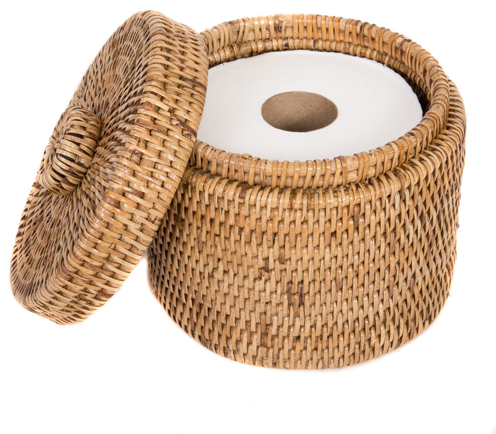 Artifacts Rattan Round Single Tissue Roll Box, Honey Brown