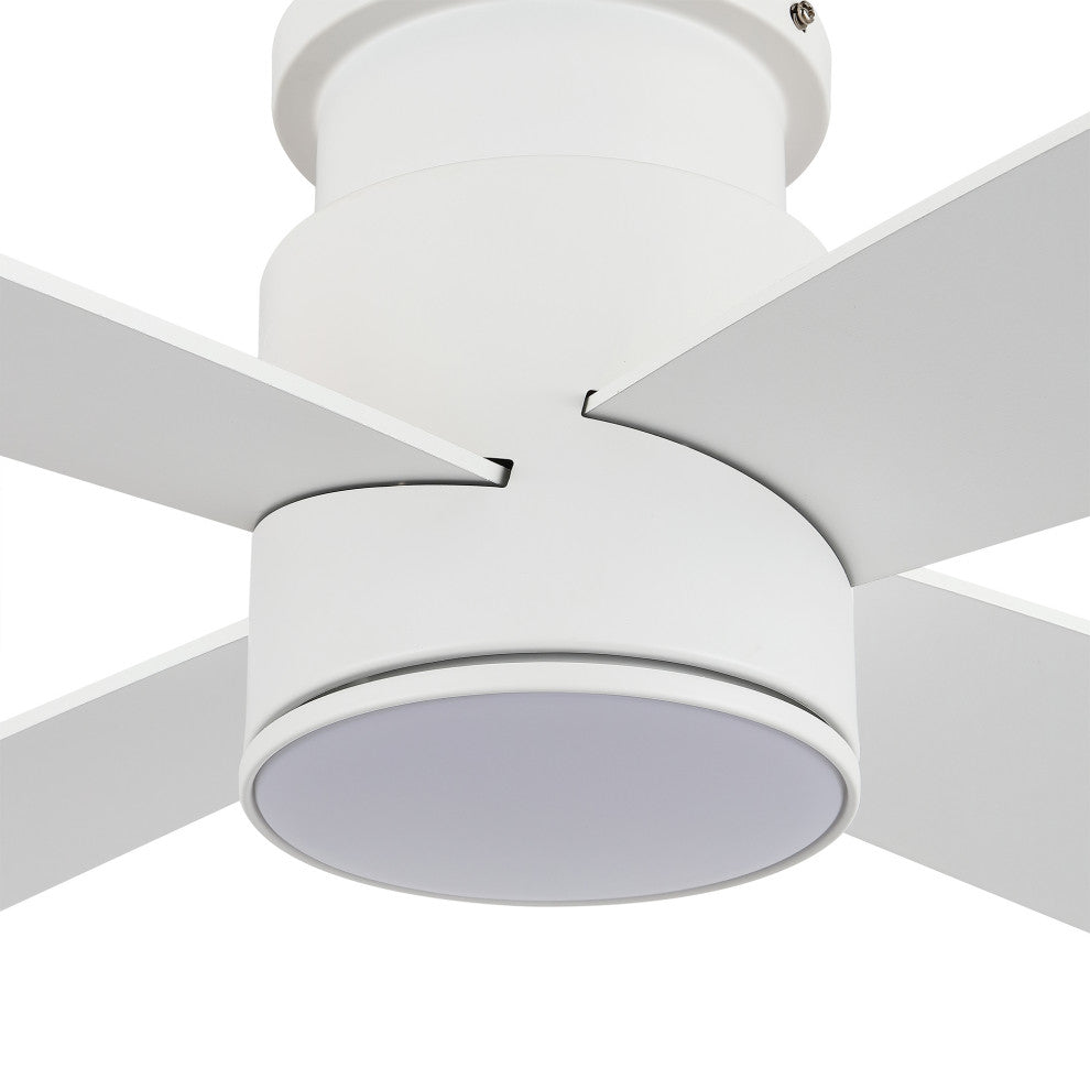 52" 4-Blade Flush Mount LED Ceiling Fan With Remote and Light, White